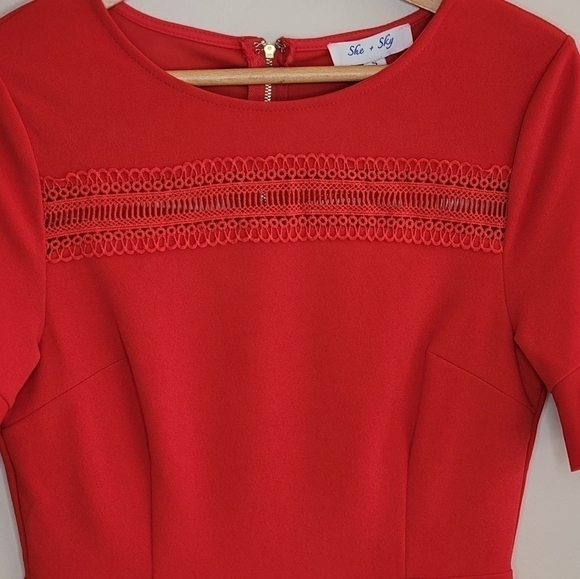 She + Sky | Red A-line Dress with Crochet Lace Detail - Picture 3 of 7